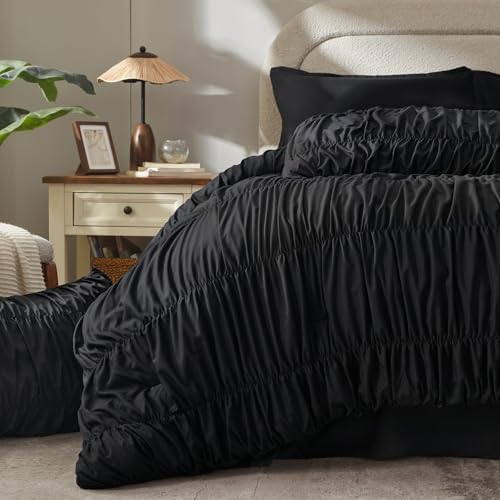 Image of Andency Ruched Full Size Comforter Sets Black, 7 Pieces Ruffle Bed Set in a Bag, Shabby Chic Pleat Bedding Set with Comforter, Sheets, Pillowcase & Sham, Lightweight, Soft, All Season