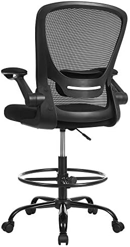 SONGMICS Drafting Chair with Flip-up Armrests, Mesh Office Chair, Ergonomic Painting Chair with Height Adjustable Lumbar Support and Footrest, for Standing Desk, Bar Counter, Black OBN026B02