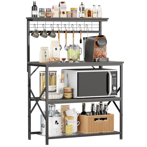 Image of Furologee Kitchen Bakers Rack with Hutch,Coffee Stand with Storage 4 Tiers,Coffee Bar Station with a 31.5 Inch Larger Desktop and 8 S Hooks,Kitchen Microwave Rack for Spices,Pots,Rustic Brown