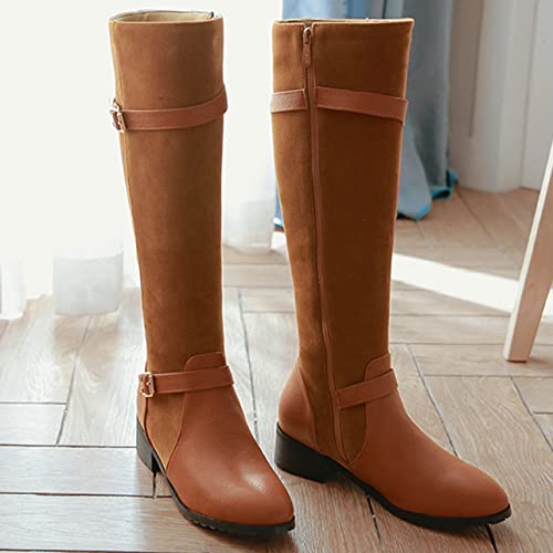 UniqueStride Womens Chunky Low Heel Knee High Riding Boots Buckle Zip up Flat Boots3