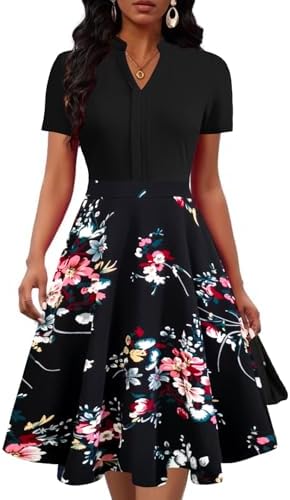 Mokayee Womens Summer Short Sleeve V Neck Fit and Flare Semi Formal Work Wedding Guest Dresses with Pockets, W Black+floral, L