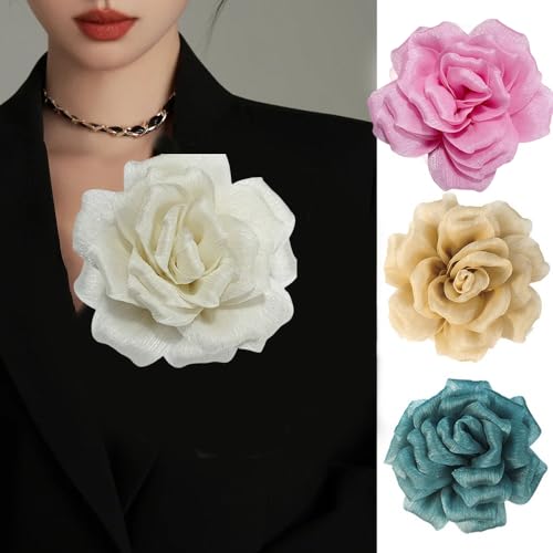 Image of Flash Camellia Flower Brooch Pin for Women Men Elegant Texture Fabric Dahlia Rose Floral Brooches Lapel Pins Dainty Wedding Holiday Party Costume Dress Accessories Jewelry