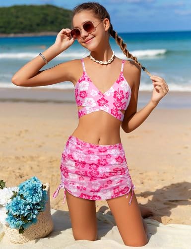 Girls Swimsuits 3 Piece Bathing Suit Allover Printed Criss Cross Bikini Set with Cover Up Skirt Beach Swimwear 7-16 Years3