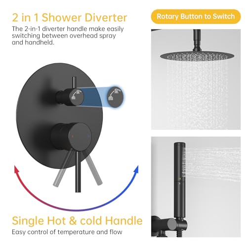 Image of BESy Shower System with 10 Inch Round Rain Shower Head and Handheld Wall Mounted, High Pressure Rainfall Heads Shower Faucet Fixture Combo Set with 2 in 1 Spray Showerhead for Bathroom, Matte Black