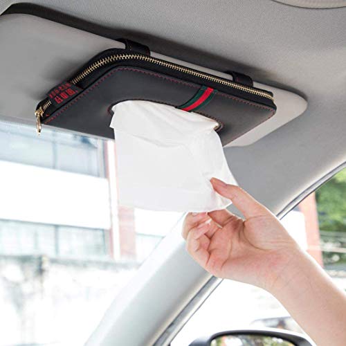 Cartisen Car Tissue Holder, Sun Visor Tissue Holder, Car Visor Napkin Holder, PU Leather Backseat Tissue Case Holder for Car Vehicle with Zipper (Black & Red Line)