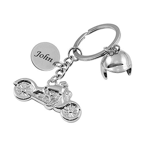 Porte-clés Casque Et Moto Argenté Gravure Personnalisée sur Médaille Bijou Homme