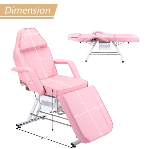 Electric Salon Tattoo Chair with 2 Trays,Adjustable Height Esthetician Bed with Hydraulic Stool, Multi-Purpose 3-Section Facial Bed Table, 73-inch Massage Equipment w/Removable Headrest (Pink)