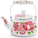 Hiceeden 2.6 Quart Vintage Enamel Tea Kettle, Pink Tea Teapot with Floral Pattern, Steel Water Kettle Pot with Porcelain Handle for Stovetop Home Kitchen Camping, Housewarming Christmas New Year Gift