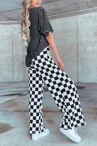 Lesore Womens Casual 2-Tone Checkered Print Pants Elastic High Waist Wide Leg Pants Lounge with Pockets4