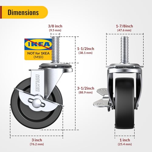 Image of HOLKIE Caster Wheels 3 inch Locking Stem Casters, 3 /8 inch -16 x 1-1 /2 inch (Stem Diameter 3 /8 inch, Stem Length 1-1 /2 inch) Threaded Stem Casters Swivel Casters Set of 4 Heavy Duty Castors Black
