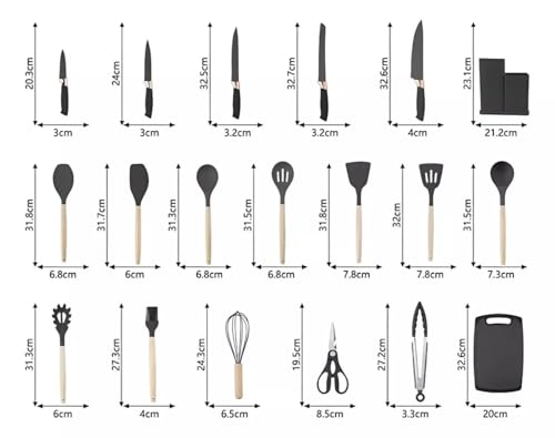 Conjunto Utensílios para Cozinha Silicone, Kit com 19 Peças, Espatulas e Facas, Organização para Coz