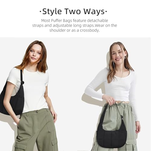 Small Puffer Bag, Crescent Shoulder Bag for Women,Nylon Quilted Tote Handbags with Adjustable Strap3