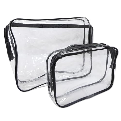 2 x Clear Toiletry Bags ~ Cosmetics PVC Travel Liquids Transparent Zip Luggage (1 Small Bag & 1 Medium Bag)