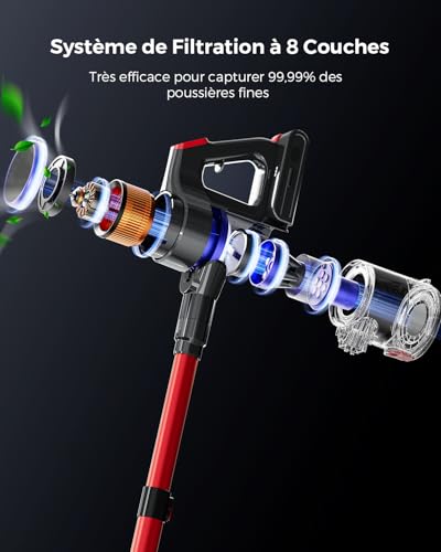 VACTechPro 55KPa/600W/70Min Aspirateur Balai sans Fil, 1.6L Aspirateur sans Fil avec Filtration à 8 Couches, Très Silencieux Aspirateur avec Brosse à Sol Anti-Tangle, Aspirateur Balai, Rouge Foncé