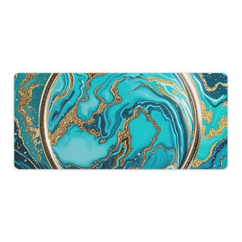 Grand tapis de souris marbre bleu turquoise et doré 40x90cm pour bureau