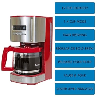 Koolatron Kenmore 12-cup Programmable Drip Coffee Machine + 2-Slice Toaster with Extra Wide Slots Self-Adjusting Bread Guides and Removable Crumb Tray, Red and Stainless Steel