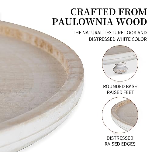 Hanobe Wood Risers for Decor: Rustic Round Wooden Pedestal Stand Tray for Display Farmhouse Table Decorative Risers for Dessert Candle Cake Plant, White 11"