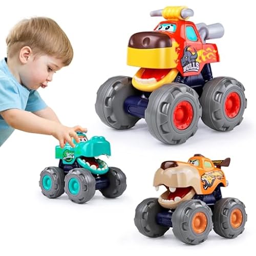 Toy Cars for 1-3 Year Old, 3PCS Animal Monster Truck, 1 Year Old Boy Gifts | Baby Toys 12-18 Months, Animal Kids Toy, Christmas & Birthday Gifts, Pull Back Car with Big Wheel, Crocodile Bull Leopard