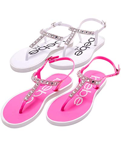 bebe Girls’ Sandals – 2 Pack Rhinestone Thong Sandals with Buckle Clasp Heel Strap (Little Kid Big Kid), Size 2 3, White Fuchsia