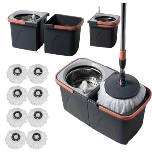 *NEW* SWISSPACK Revolving Spin Mop and Bucket With .4. Extra Pads Perfect For Easy Cleaning. Clean and Dirty Water Separtered For Perfect Finish (ORANGE-GREY) (ORANGE/GREY 8 PADS)