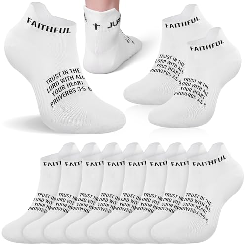Janmercy 6 Pairs Christian Socks with Scripture on, Bible Verse Praying Athletic Ankle Socks Faith Catholic Gifts Men Women(White)
