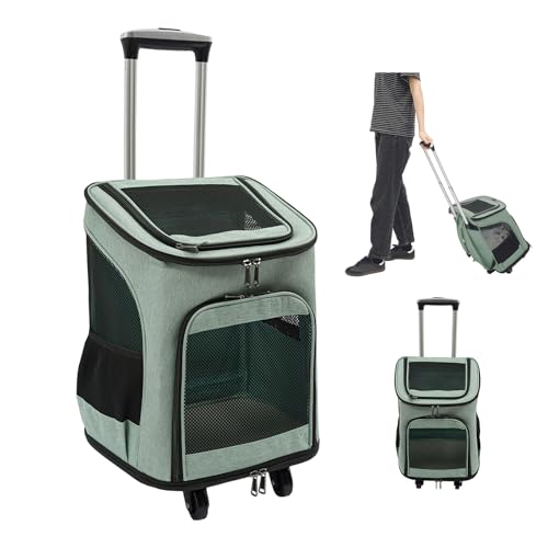 Transportín para perros con ruedas, plegable, mochila para gatos con mango telescópico, cajas de transporte para gatos grandes y perros pequeños con malla transpirable, mochila para mascotas de hasta