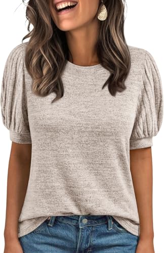 Image of TrendiMax Women's Tops Crew Neck Short Sleeve T Shirts Loose Fitted Summer Puff Tunic Dressy Blouse Outfit for Women Coffee