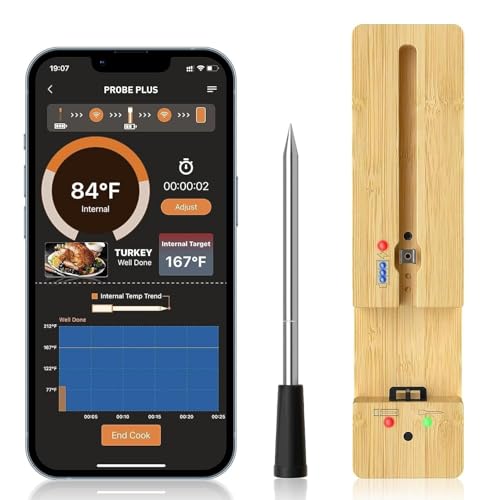 90m Long Range Smart Wireless Meat Thermometer Bluetooth BBQ Thermometer Probe Digital,18 hours Battry Life Smart APP Control Digital Connectivity,for Cooking Fryer Oven Grilling Smoker