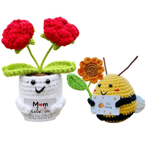 Hnqiqs Gifts for Mothers Day 2PCS Positive Crochet Animals Bees Rose Flower, Positive Support Crochet Appreciation Mom Present, Inspirational Nuggets Birthday Gifts for Mom