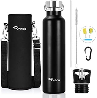Ryaco Butelka na napoje, ze stali nierdzewnej, 560 ml, 750 ml, 1000 ml, izolowana próżniowo, szczelna, termos, 24 h chłodzenia, utrzymuje ciepło przez 12 godzin, w zestawie 2 wymienne nasadki
