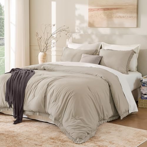 Image of Andency Oatmeal Comforter Set Twin Size, 2 Pieces Boho Tassel Lightweight Bedding Comforter Sets, All Season Soft Fluffy Fringe Bed Set (66x90In Comforter & 1 Pillowcase)