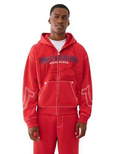 True Religion Men's Cinched Big T Zip UP Hoodie – Full Zip Sweatshirt with Contrast Stitching, Trv Red, L
