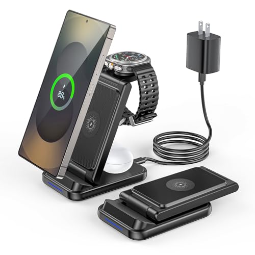 GuMosh 3 in1 Dual Coil Wireless Charger Station for Samsung,Wireless Charger Stand for Samsung,Foldable Fast Charging Station,Compatible with Galaxy Watch 7/6/5,Galaxy Earbuds, S25/S24 Ultra