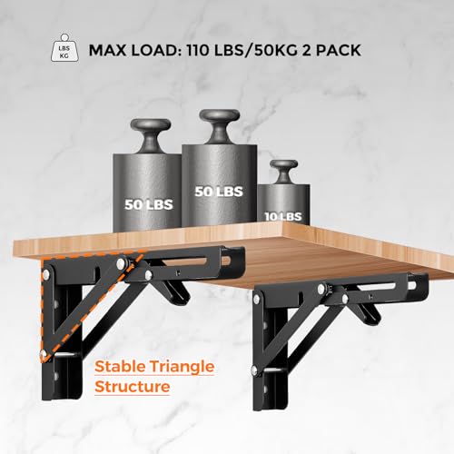 Image of Ravinte 4 Pack 6 Inch Folding Shelf Brackets - Matte Black, Heavy Duty Collapsible Brackets for Tables and Benches - Space-Saving Design