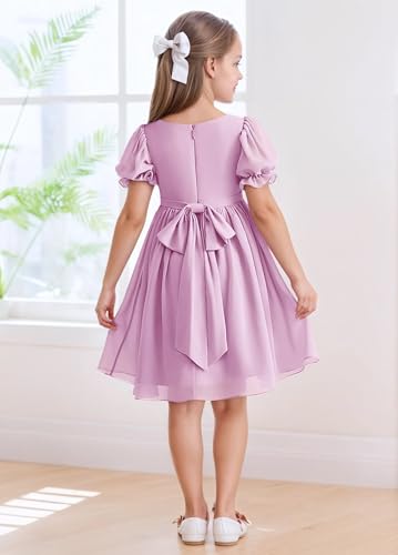 dideyttawl Chiffon Short Flower Girls Dress Knee Length Puff Sleeves Wedding Guest Dresses for 4-16 650C3