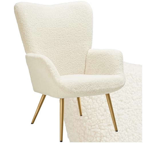 TecTake® Fauteuil Relax Confortable en Tissu Bouclette Fauteuil Scandinave Moelleux avec Accoudoirs &amp; Dossier Ergonomique pour Salle à Manger, Salon, Chambre, Siege Bureau, Allaitement Crème/Or