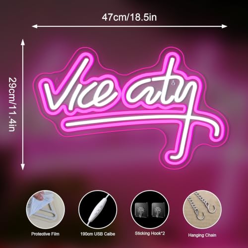 Image of Vice City Neon Sign Pink Letter Dimmable LED Wall Light for Bar Party Decor | 18.5x11.4 in,Five level brightness adjustment,USB powered,For Game Room,Bar,Club,Store Man Cave,Gaming Zone,Party