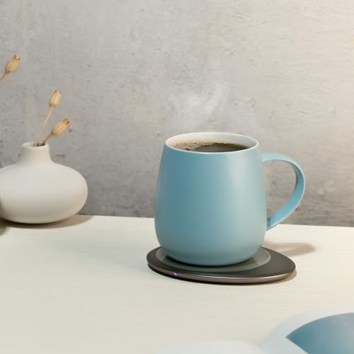 Image of Ui 3 Self-Heating Mug Set - Moonmist Blue | 12 fl oz / 355 mL Ceramic Coffee & Tea Mug Set with Heating Pad