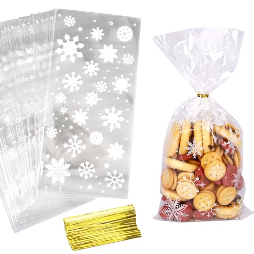 TAKUZA 100 Stück Cellophantüten, Cellophantüten mit Twist Ties, Plastiktüten, Zellophantüten Tütchen, Bonbons Tüten, Weihnachten Plastiktüten für Süßigkeiten Kekse Schokolade Kuchen