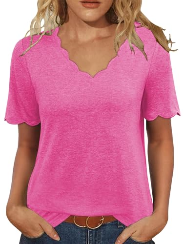 Image of Famulily Short Sleeve Loose T Shirt for Women UK, Scalloped V Neck Summer Basic Tshirts Tunic Tops (XXL, Hot Pink)