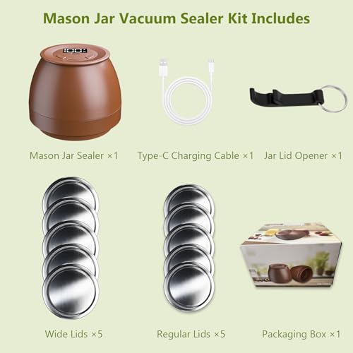 Image of FUTUREZEN Electric Mason Jar Vacuum Sealer for Regular /Wide Mouth, Brown | automatic vacuum sealing, food preservation, bottle opener, USB-C cable, jar lids
