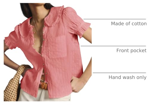 Image of Tankaneo Womens Puff Sleeve Shirts Peter Pan Collar Button Down Cotton Blouse Casual Summer Textured Tops