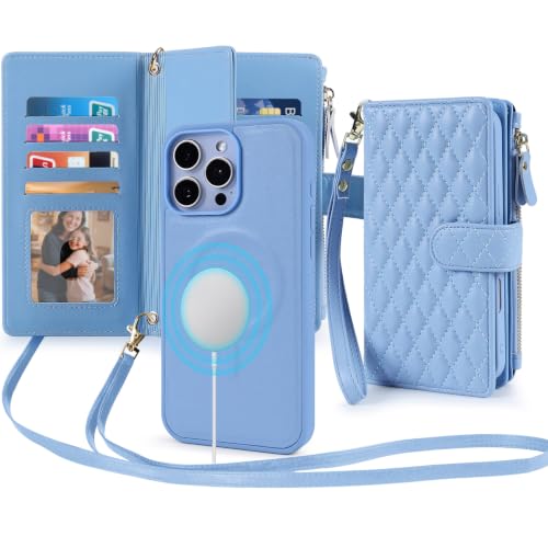 Harryshell 2 in 1 for iPhone 16 Pro Max Wallet Case Magnetic Compatible with Magsafe RFID Blocking Card Holder Detachable Phone Cover Zipper Purse Kickstand Wrist Strap (Crossbody Quilted Sky Blue)