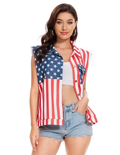 American Flag Denim Vest for Women, 4th of July Patriotic Vintage Sleeveless Jean Jacket, Independence Day USA Casual Shirt2