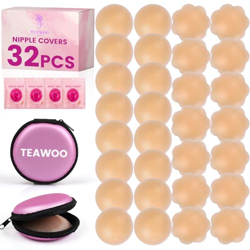 32 PCS Nipple Covers for Women, Reusable Nipple Coverings, Nipple Pasties, Boob Pasties, Reusable Silicone Adhesive Invisible Pasty Nipple Covers for Women with Travel Box Pink
