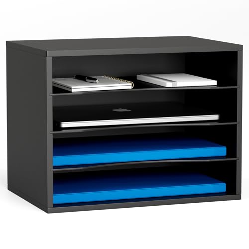 GDINDINFAN Wood Desktop Letter Tray File Organizer, Paper Storage Mail Sorter with 3 Adjustable Drawer Boards for Home and Office, Black