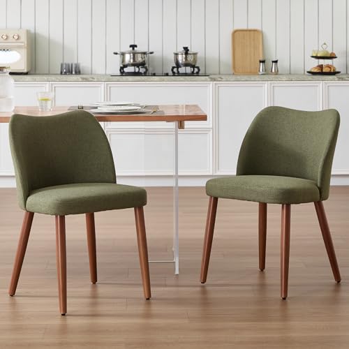 DAYALANE Esszimmerstühle 2er Set Modern Küchenstühle aus Leinen Polsterstuhl mit Gebogene Rückenlehne Holzbeinen Essstühle für Esszimmer Wohnzimmer Küche Schlafzimmer, Grün