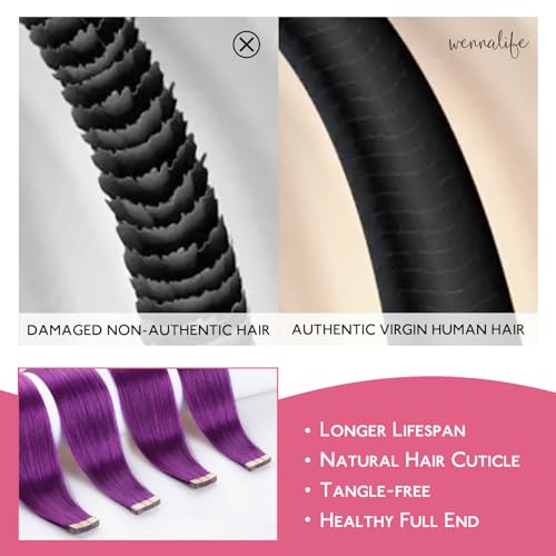 Image of Wennalife Purple Tape in Hair Extensions, 10pcs 30g 24 inch Remy Invisible Tape Ins Straight Colored Soft Real Human Hair Tape in Extensions Refill Set Extensions