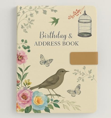 Sixstore Telephone Address & Birthday Book A-Z Index Beautiful Fabric Vintage Style Cover A5 Size Soft Padded Cover Address & Birthday Book with Magnetic Lock - Bird