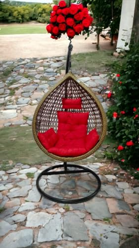 Image of Single Seater Swing Chair with Stand & Cushion Swing Jhula for Adults for Outdoor | Indoor | Living Room | Balcony | Garden | Patio [Iron] Zula (Brown Swing & Mahroon Cushion)